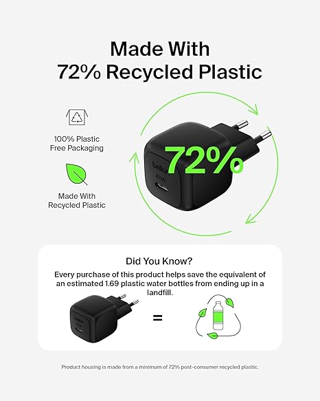 Belkin - BoostCharge - Single 45 Watt USB-C Charger - Includes USB-C to USB-C Cable - Black