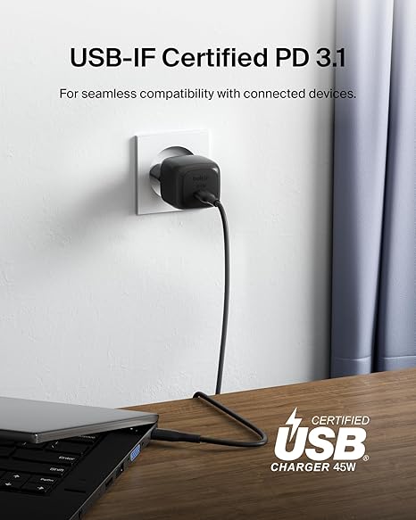 Belkin - BoostCharge - Single 45 Watt USB-C Charger - Includes USB-C to USB-C Cable - Black