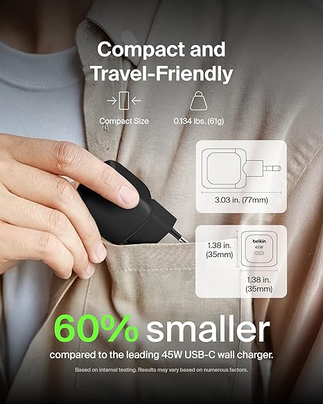 Belkin - BoostCharge - Single 45 Watt USB-C Charger - Includes USB-C to USB-C Cable - Black