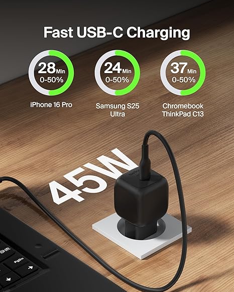 Belkin - BoostCharge - Single 45 Watt USB-C Charger - Includes USB-C to USB-C Cable - Black